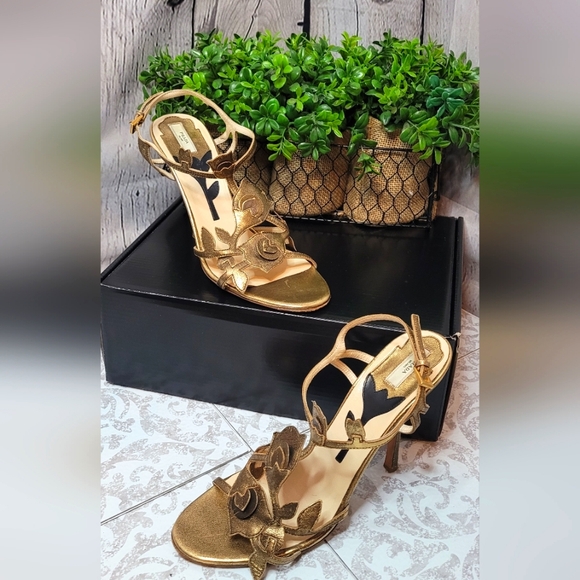 Prada tulip brushed metallic gold strappy heels size 8.5 - Picture 1 of 12